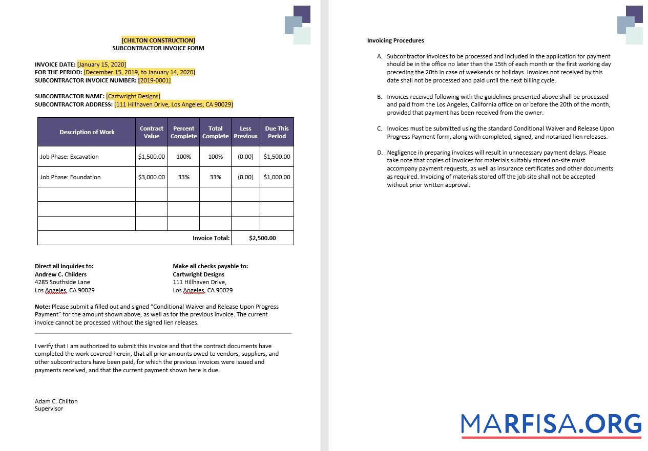 Downloadable Construction Subcontractor Invoice Template